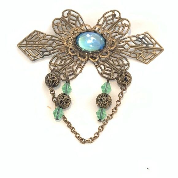 Vintage Victorian Edwardian filagree pin blue opalescent center stone gold wash - Picture 4 of 7